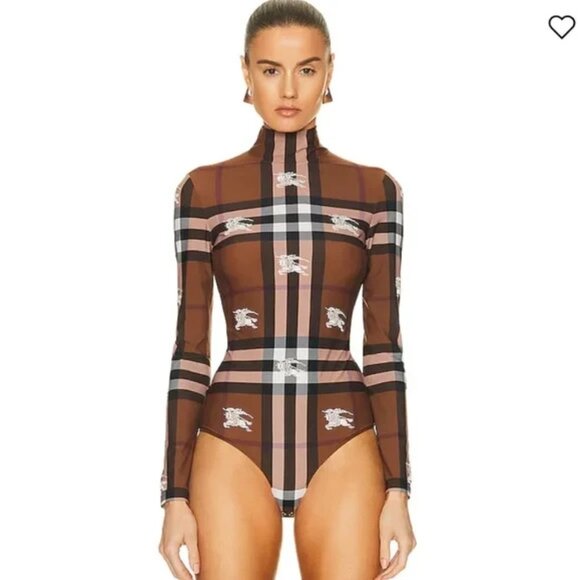 Burberry Plaid Logo-Print Check Embroidered C8 Stretch Jersey Bodysuit Sz M - Picture 1 of 17